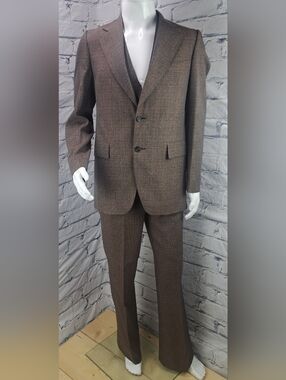 Vintage 70s 80s Men's 3 Piece Suit Brown Check Canvassed Flare Leg 40L 38L 34W